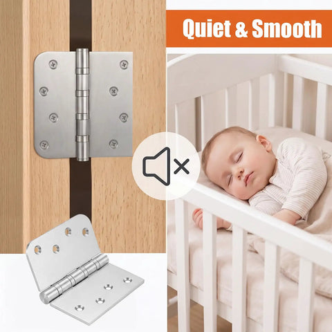 3 Pack Heavy Duty 304 Stainless Steel Door Hinges With Ball Bearings Built Like A Beast No Sweat Rust Protection Square 4X4 Inch Plates Smooth Swing For Interior Wooden Doors Cabinet Hardware And DIY Fixer Upper Renovations showing hinge on wooden door and crib.