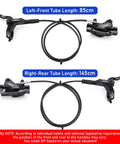 Four Piston Hydraulic Disc Brake Kit For Mountain Bikes And E Bikes With 160mm Rotors Ceramic Pads Left Front 85cm And Right Rear 145cm Lines Beefy Caliper System For Quicker Stopping shown in dual brake levers setup