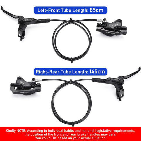 Four Piston Hydraulic Disc Brake Kit For Mountain Bikes And E Bikes With 160mm Rotors Ceramic Pads Left Front 85cm And Right Rear 145cm Lines Beefy Caliper System For Quicker Stopping shown in dual brake levers setup