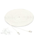 Flat Cat6 Ethernet Cable 100Ft Snagless Patch Cord With Gold Plated Connectors; White cable coil with clips, ready for home network use