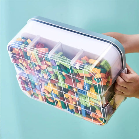 Slick 3 Tier Stackable Brick Storage Organizer With Removable Grid Trays For Lego Pieces, transparent crate filled with colorful LEGO bricks.