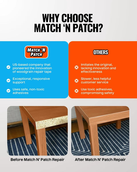 Wood Grain Repair Tape Wheat Maple 2.25 In X 15 Ft Realistic Wood Finish Duct Tape for Furniture Scratch Repair Before and After