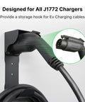 Ditch The Clutter With This Hella Sturdy Wall Mount EV Charger Holder Featuring A Heavy Duty J Hook For SAE J1772 Plugs, showcasing mounted hook with EV charging cable.