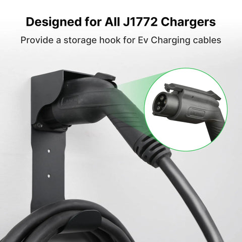 Ditch The Clutter With This Hella Sturdy Wall Mount EV Charger Holder Featuring A Heavy Duty J Hook For SAE J1772 Plugs, showcasing mounted hook with EV charging cable.