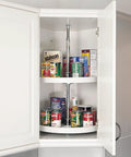 Top Shelf 20 Inch Double Lazy Susan For Upper Corner Kitchen Cabinets, White Plastic Two Tier Turntable Shelf with canned goods.