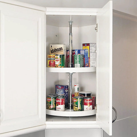 Top Shelf 20 Inch Double Lazy Susan For Upper Corner Kitchen Cabinets, White Plastic Two Tier Turntable Shelf with canned goods.