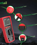 Pro Grade Digital Multimeter 1000V AC DC Manual Range Tester showing LCD display, pen storage, and adjustable support.