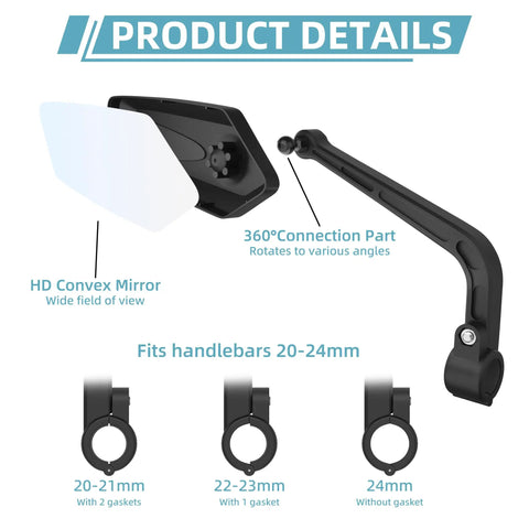 2 Pack Bike Mirrors For Handlebars, 360 Degree Adjustable Rear View Mirrors, HD wide lens details, fits 20-24 mm handlebars