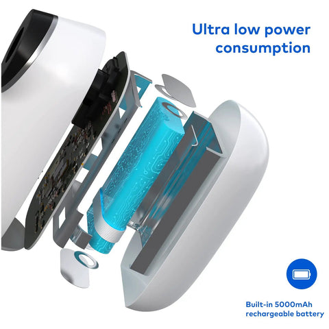 Exploded view of Solar Powered Wireless Outdoor Security Camera With 365 Day Power PIR Motion Detection Alarm Alerts SD Card Slot Two Way Audio 2.4G WiFi 5000mAh Battery showing internal components and 5000mAh rechargeable battery.