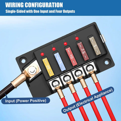 Waterproof 12V Four Circuit Fuse Block Marine Fuse Panel With LED Indicator Relay Box Kit Damp Proof Cover Built For 12V 24V Autos Boats Trucks RVs Easy Install Space Saving Rugged Durable Electrical Hub wiring diagram with one input and four outputs