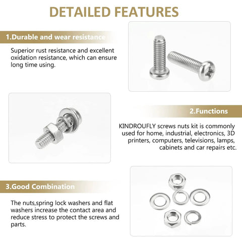 Detailed features of M4 Phillips Pan Head Machine Screw Set With Nuts And Washers, 372-Piece Stainless Steel 304 Assortment Kit