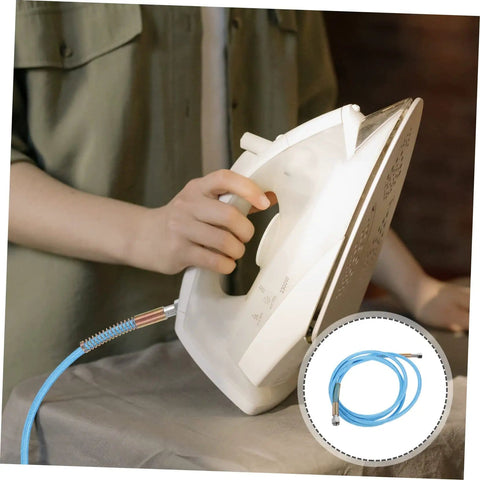 Person using high temperature steam hose for ironing, flexible lightweight water line tube, heavy duty pressure resistant ironing connection.