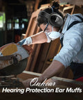 Person using saw with Noise Canceling Ear Muffs For Adults And Kids, Adjustable Hearing Protection for construction work.