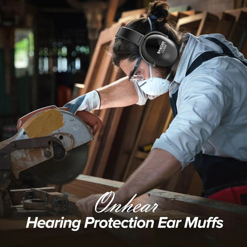 Person using saw with Noise Canceling Ear Muffs For Adults And Kids, Adjustable Hearing Protection for construction work.