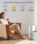 Replacement Filter Pack For Afloia KILO Series Air Purifiers With Three Stage Filtration, woman relaxing in room with air purifier and filter.