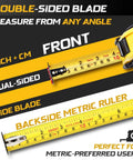 25 Ft Tape Measure With Magnetic Hook For Hands Free Use, dual side ruler inch and metric scales, easy read markings