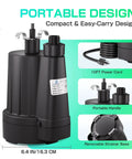 Powerful Submersible Sump Pump 1/3 HP 2400 GPH with 3/4 Inch GHT Garden Hose Thread, compact design, portable handle, 10ft power cord.