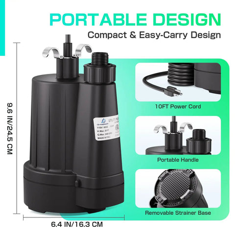 Powerful Submersible Sump Pump 1/3 HP 2400 GPH with 3/4 Inch GHT Garden Hose Thread, compact design, portable handle, 10ft power cord.