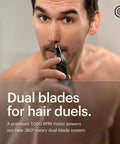 Man using Weed Whacker 2.0 Nose And Ear Hair Trimmer With 7000 RPM Motor, dual blades visible, for quick, clean trims.