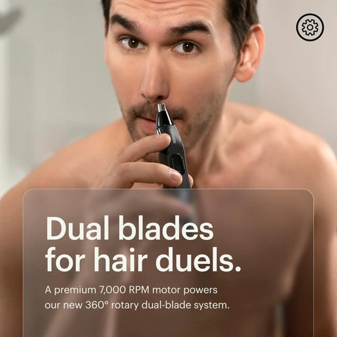 Man using Weed Whacker 2.0 Nose And Ear Hair Trimmer With 7000 RPM Motor, dual blades visible, for quick, clean trims.