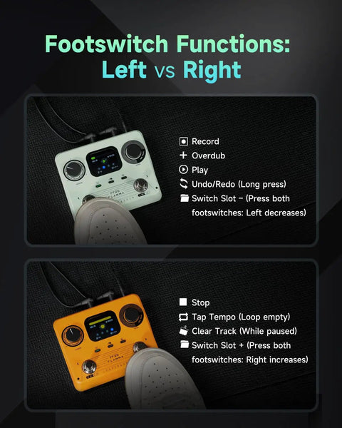 Comparison of two Dual Footswitch Stereo Looper Pedals with screen and controls for guitar and bass, mint green and orange.