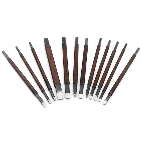 12 Piece Wood Carving Tools Set Featuring Premium Manganese Steel Blades And Solid Grips for whittling, engraving, and woodworking.
