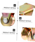 Two Pack Beefy Heavy Duty Steel Pulley Block Swivel Wheel Set For Sliding Doors Track Systems Barn Gates And Garage Applications V Shaped Groove Wheel Replacement Part, close-up view.
