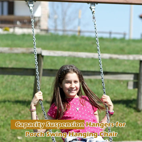Girl on a porch swing using capacity suspension hangers with stainless steel chains.