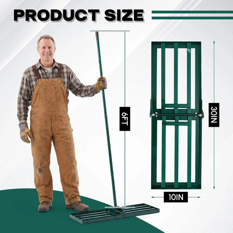 Heavy Duty Lawn Leveling Rake With 30 By 10 Inch Ground Plate And 72 Inch Adjustable Handle next to man for scale
