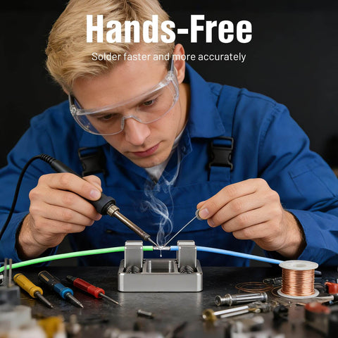 Person using Aluminum Soldering Clamp With Ceramic Jaw Adjustable Welding Fixture for precise soldering on a circuit board
