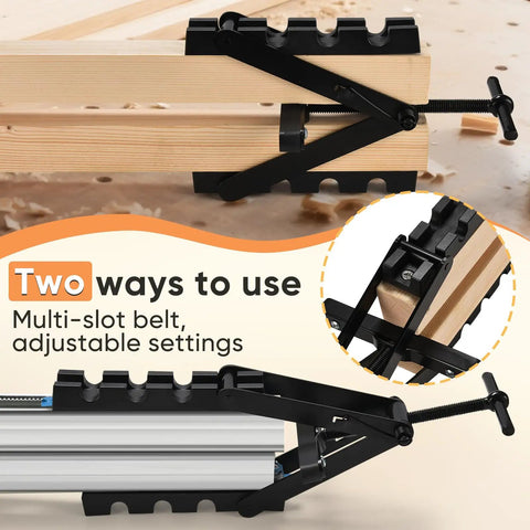 Heavy Duty Four Way Pressure Panel Clamps Deliver Boss Level Grip For No Sweat Setup On Any Woodworking Project Keeping Tabletop Seam Gluing Hella Secure Always 2 Pack showing adjustable multi-slot belt.