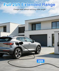 Level 2 Ev Charger With 40 Amp 240V Juice For Quick Hookups And A Heavy Duty 25 Ft Cord charging a vehicle outside a modern home.