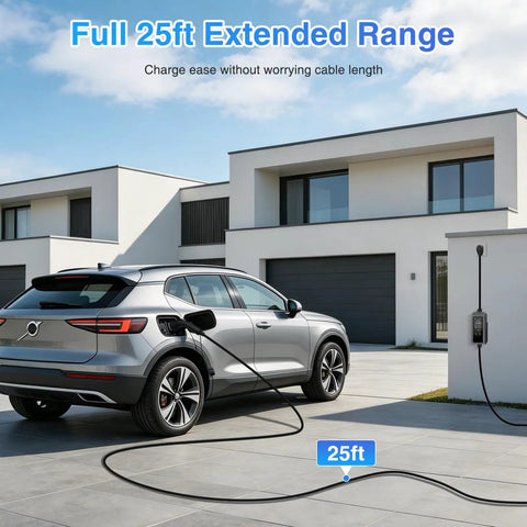 Level 2 Ev Charger With 40 Amp 240V Juice For Quick Hookups And A Heavy Duty 25 Ft Cord charging a vehicle outside a modern home.