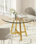 Gold X Shape Table Base For Glass Wood Marble Tops in dining setting with chairs
