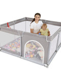 Kid Friendly Adjustable Baby Playpen With Gates, Safe And Sturdy Baby Playard Featuring Breathable Mesh, woman and baby inside