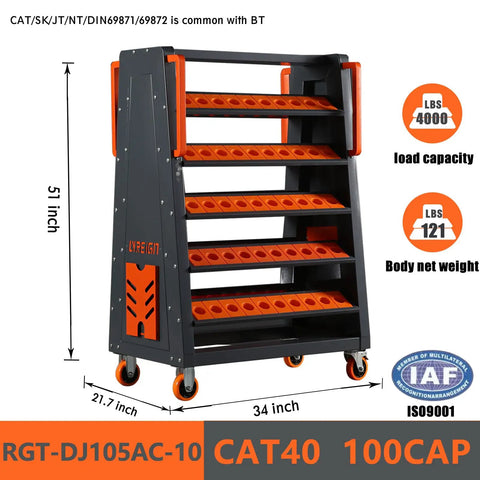 40 Taper CNC Tool Cart With Five Tier Rolling Stand And Wheels Mobile Tool Holder For CNC Lathes, black and orange design.