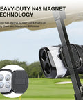 Golf Rangefinder Magnetic Holder Mount With One Lock Access on golf cart, showing heavy-duty N45 magnet technology in black.