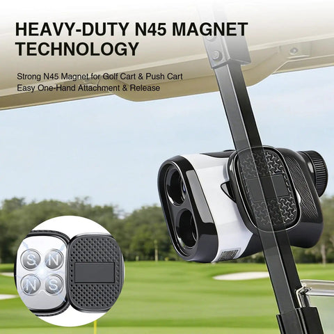 Golf Rangefinder Magnetic Holder Mount With One Lock Access on golf cart, showing heavy-duty N45 magnet technology in black.