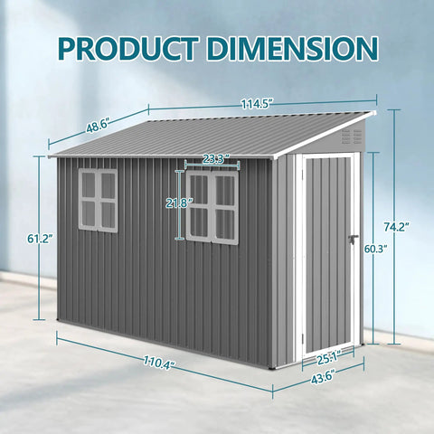 Lean To Shed 4x10 Ft With Floor Frame And Windows Heavy Duty Metal Outdoor Storage Shed dimensions illustration