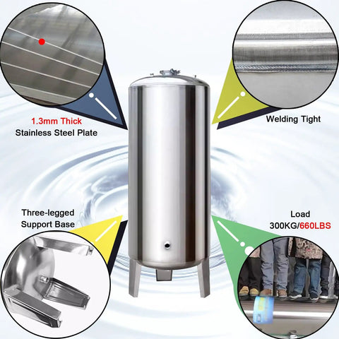 Built Tough 100 Gallon Stainless Steel Water Storage Tank with vertical well pressure tank and pressure switch for RVs and homes
