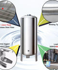 Vertical Stainless Steel Water Pressure Tank for Home and Garden Use with 60L to 300L Capacity, features detailed view of welding, base