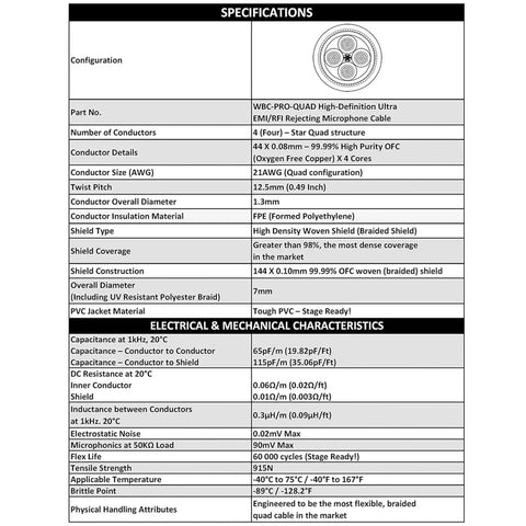 Specifications chart for Top Notch XLR To XLR Cable 6 Ft Noise Canceling Shield Kevlar Reinforced Nylon Braided 3 Pin Balanced Cord
