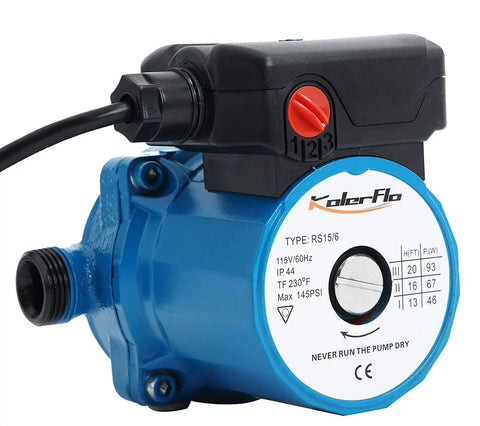 115V Water Recirculating Pump For Home Water Heater System Three Speed Control, blue aluminum housing, three-quarter inch inlet/outlet.