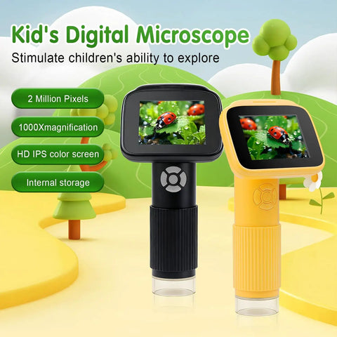 Kid Friendly Digital Handheld Microscope With 5 Slides 2.4 Inch IPS LCD 1000X Magnification 1080P Video 32GB Card Portable Pocket Microscope For Boys And Girls Aged 3 To 12 Cool Science Toy, black and yellow