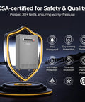 Kick The Cold Drafts With This Heavy Duty Tankless Water Heater Natural Gas Outdoor Unit displaying CSA certification and safety features.