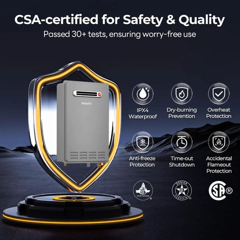 Kick The Cold Drafts With This Heavy Duty Tankless Water Heater Natural Gas Outdoor Unit displaying CSA certification and safety features.