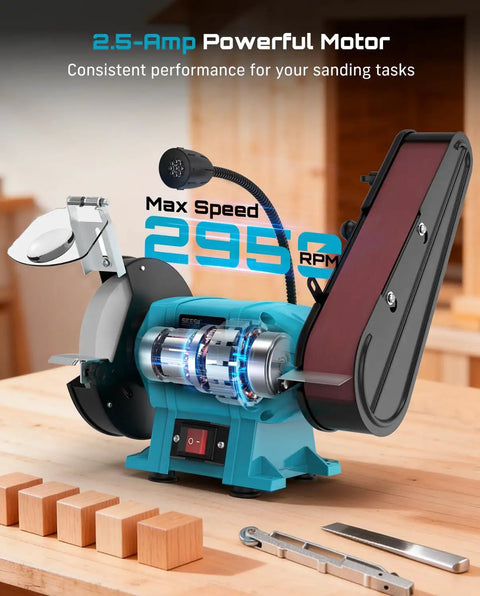 Beefed Up 2X27 Belt Sanding Station Combined With A 6 Inch Grinding Wheel making this 2.5 Amp bench combo tool ideal for metal and wood projects.