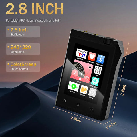64GB Bluetooth MP3 Player With 2.8 Inch Touch Screen HiFi Music Player showing app icons on color display, product dimensions visible.