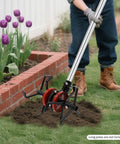 Gardener using Six Claw Deep Plow Cultivator Wheel Attachment for Weed Busting on Lawn Mowers and Rototillers Steel Soil Aerator Weeder Tool