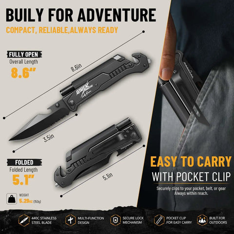 7 In 1 Dope Multitool Pocket Knife With LED Light And Glass Breaker And Fire Starter 440C Steel shown open and folded dimensions